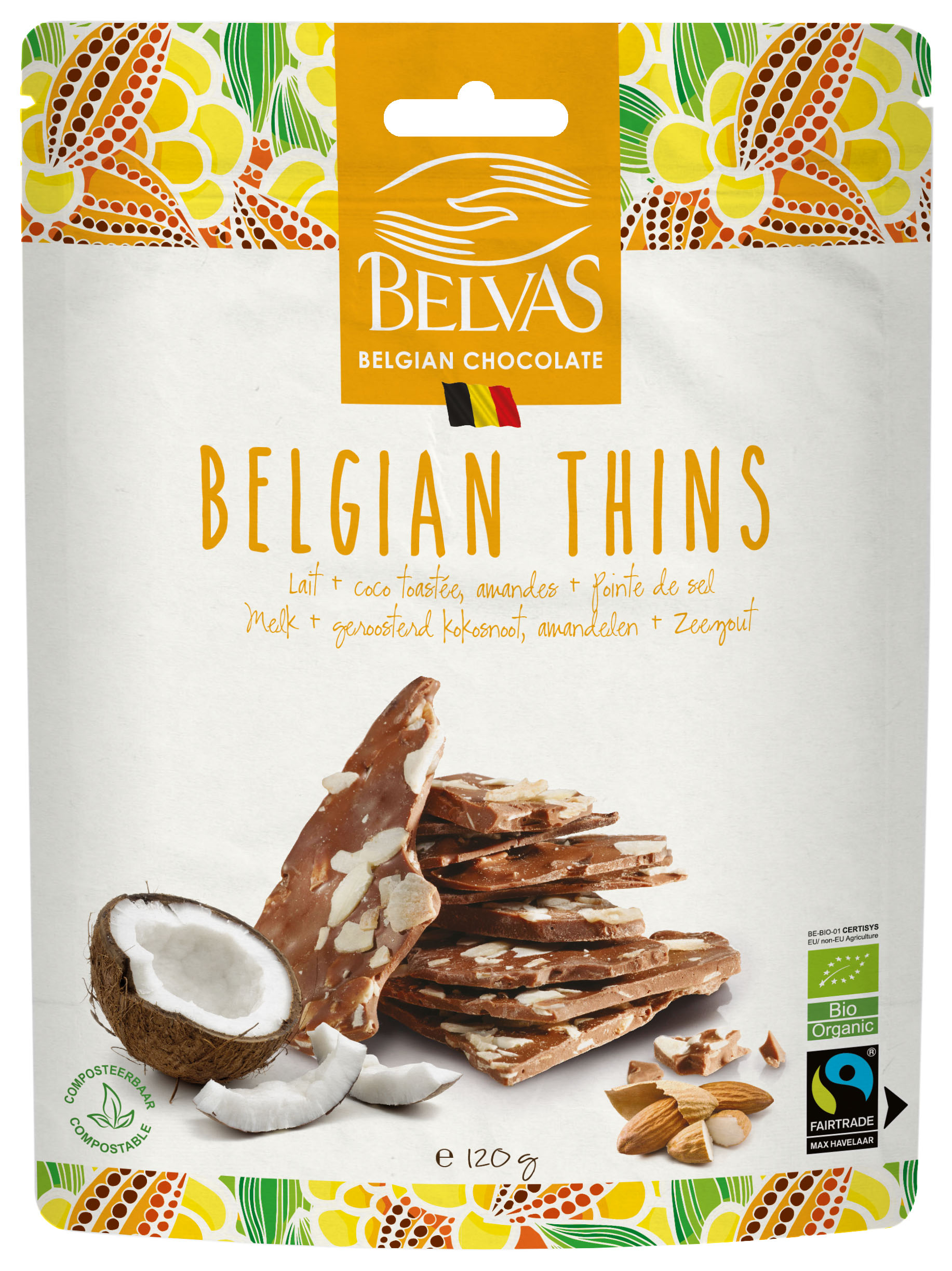 картинка Шоколад молочный "Belgian Thins 36%", с кокосовой стружкой от интернет-магазина BIEN Organic
